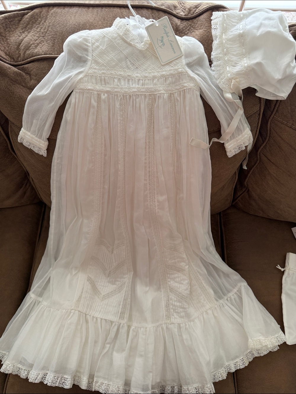 Ralph Lauren 3pc White Christening Gown with Lace Trim 6m